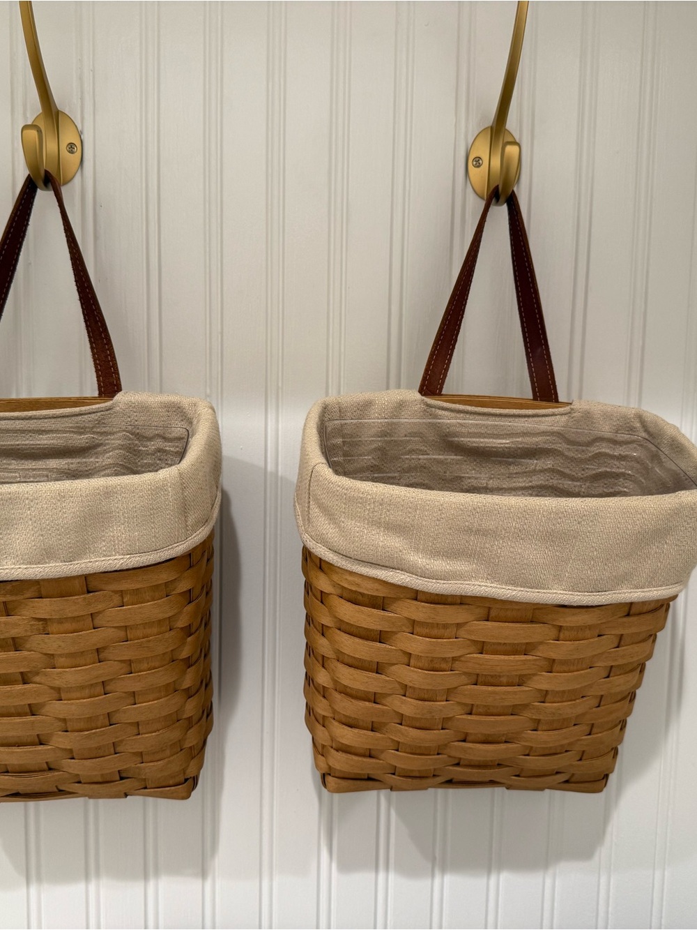 Longaberger Beige Woven Hanging Basket with Brown Strap